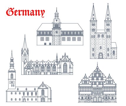Germany landmark buildings and architecture icons, German churches and cathedrals, vector. St Kilian kirche in Hoexter and Peterkirche church in Soest, rathaus and cathedral dom in Padeborn