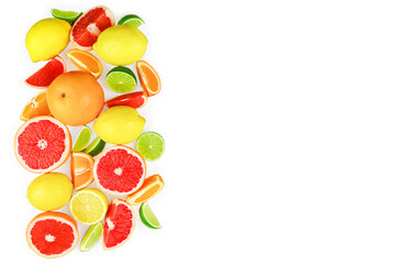 Flat lay composition with citrus fruits, leaves and flowers isolated on white background, copy space.
