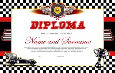 Race winner diploma vector template. Racing award border with black and white chequered flag, winged car and goblet. Rally victory success certificate for participation or best result achievement