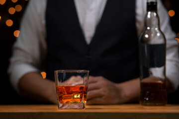 Bartender Serve Whiskey, on wood bar, 