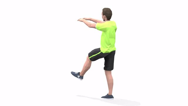 Man exercise animation 3d model on a white background in the yellow t-shirt. Low Poly Style
Turntable camera view.