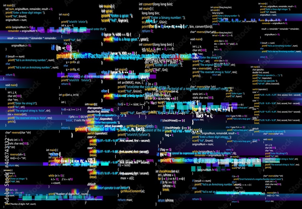 Fototapete Abstract background with glitched program code parts. Vector backdrop with programming language and random glowing pixels. Black monitor screen with distortion and glitch effect, computer error or bug