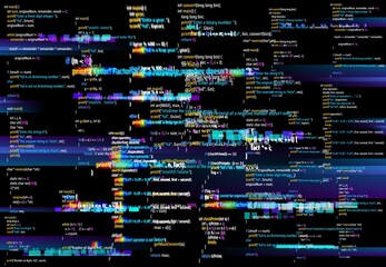 Abstract background with glitched program code parts. Vector backdrop with programming language and random glowing pixels. Black monitor screen with distortion and glitch effect, computer error or bug - obrazy, fototapety, plakaty