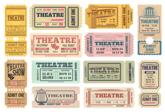 Theatre show, actors performance retro tickets set with comedy and tragedy masks, lira musical instrument and ancient greece columns vector. Theater admission pass, admit one with tear-off perforation