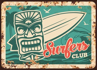 Surfing and surfer club metal plate rusty, surfboard on water waves, vector vintage retro poster. Surfing sport club sign or metal plate with rust, surf board, palms, seagulls and Hawaiian tribal mask