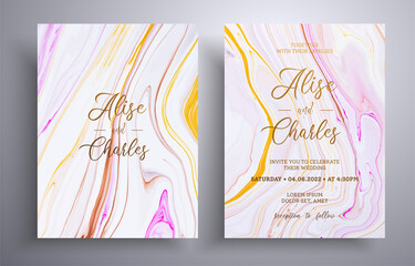 Set of acrylic wedding invitations with stone texture. Mineral vector covers with marble effect and place for text, beige, brown and yellow colors. Designed for greeting cards, packaging and etc