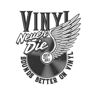 Tshirt print with winged vinyl disk for apparel design, vector t shirt monochrome print with typography rock and roll never die, isolated black grunge emblem or label with vinyl records or LP disc