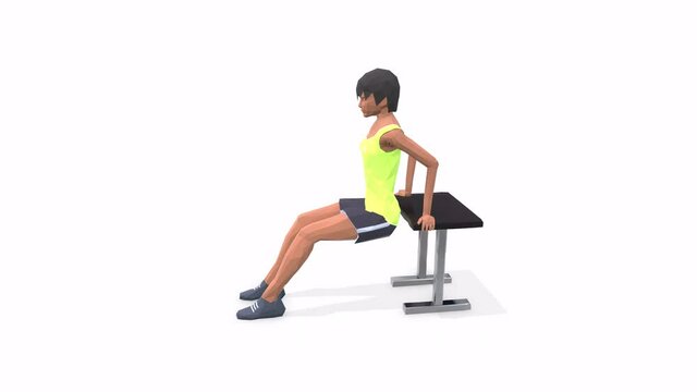 Woman exercise animation 3d model on a white background in the t-shirt. Low Poly Style
Turntable camera view.