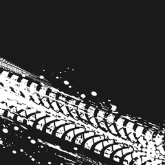 Offroad tyre print and grunge spot, vector monochrome background with dirty tire automobile trace, off road race competition, rally, motocross dirty tire pattern, grungy vehicle trail abstract texture © Vector Tradition