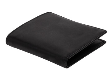 Closeup of a new black genuine leather wallet for banknotes and plastic cards isolated on a white background. Financial and business concept. Macro.