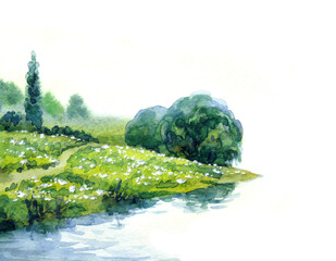 Watercolor landscape. River in summer field