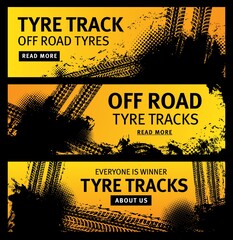 Off road tyre tracks vector black grunge tire prints for automobile service. Rally, motocross dirty tires pattern, offroad grungy textured trails and typography. Vehicle skid design banners set © Vector Tradition