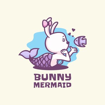 Vector Logo Illustration Bunny Mermaid Simple Mascot Style.
