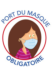 Dessin masque obligatoire coronavirus Covid-19. Femme. Gestes barrière. Illustration vectorielle. Texte français. Calques	