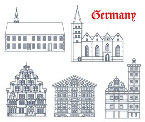 Germany landmark buildings, fachwerk architecture houses, churches and castles vector icons. Junkerhaus, St Jodokus church in Bielefeld and St Nicolai kirche, Hexenburgermeisterhaus and Schloss Brake