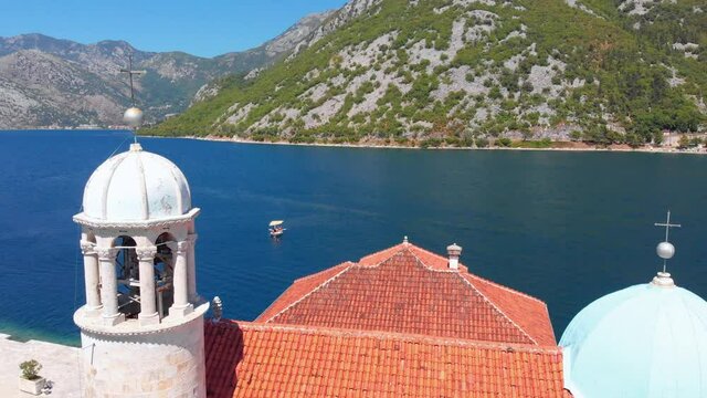 St. George and Gospa od Skrpela islands near town Perast in Montenegro. Drone footage.