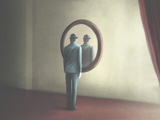 Illustration of man looking himself reflection in the mirror, surreal concept