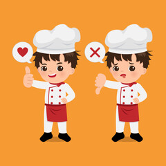 Cute chef boy showing thumb up gesture vs thumb down as sign of approval and disapproval. Cartoon design flat vector 