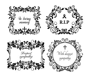 Funeral memory and condolences cards for obituary and death grief black banner, vector floral wreath. Funeral black flowers, In loving memory and RIP ribbon with cross and floral memorial wreath