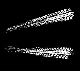 Tire prints, offroad grunge car tyre track isolated vector marks. Bike race, vehicle, transportation dirty wheels trace. Automobile or motorbike off road pattern, abstract monochrome graphic texture © Vector Tradition