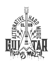 Tshirt print with electric guitar, vector emblem for heavy metal or rock music club or band apparel design. T shirt print with typography alternative hard music isolated label with amp and flashes