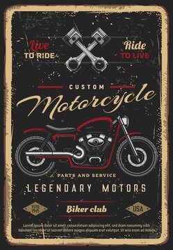 Custom motorcycles parts and service, vintage vector poster for biker club. Retro motorbike garage, motor bike or classic antique chopper bike, American custom motorcycle and engine valves grunge card