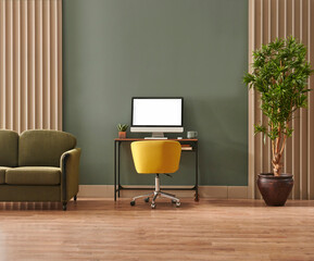 Green room and working table style with laptop lamp sofa frame and vase of plant.