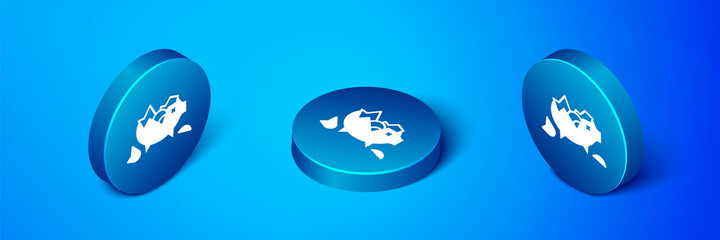 Isometric Broken piggy bank icon isolated on blue background. Icon saving or accumulation of money, investment. Blue circle button. Vector.