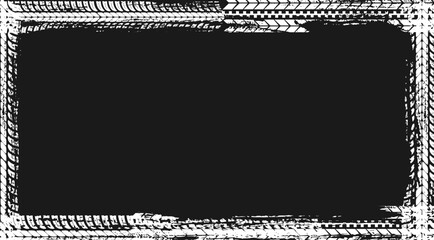 Frame made of white tyre prints on black background. Vector grunge empty border template for automobile transportation service. Dirty tire pattern, offroad grungy trail texture banner or poster design