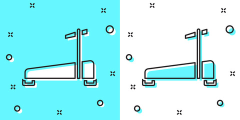 Black line Treadmill machine icon isolated on green and white background. Random dynamic shapes. Vector.