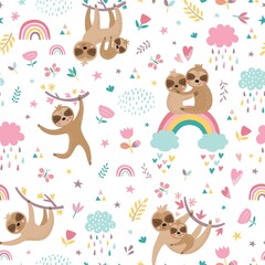 Childish seamless pattern with cute sloths. Hand drawn animal background in the cartonn style. Creative nursery background. Perfect for kids design, fabric, wrapping, wallpaper, textile, apparel © Angelina De Sol