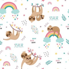 Childish seamless pattern with cute sloths. Hand drawn animal background in the cartonn style. Creative nursery background. Perfect for kids design, fabric, wrapping, wallpaper, textile, apparel © Angelina De Sol