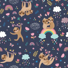 Childish seamless pattern with cute sloths. Hand drawn animal background in the cartonn style. Creative nursery background. Perfect for kids design, fabric, wrapping, wallpaper, textile, apparel © Angelina De Sol