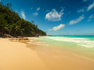 Scenic views of the Anse Georgette paradise beach on the west coast of Praslin Island in the Seychelles 