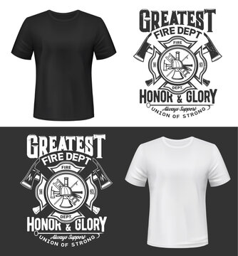 Tshirt print with firefighters helmet, ax, ladder and water tower, vector apparel mockup. Fire department rescue team, emergency service t shirt print black and white design isolated label or emblem