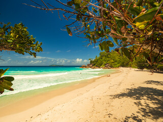 Scenic views of the Anse Georgette paradise beach on the west coast of Praslin Island in the Seychelles 
