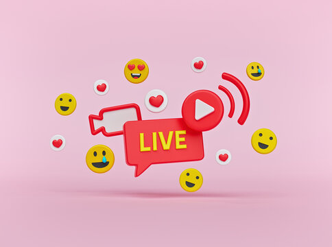 Social Media Live Streaming Concept With Hearts And Emoji Icons. Minimal Design. 3d Rendering