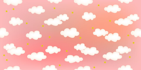 seamless pattern with sky with clouds and stars, soft pink background, vector drawing, wide
