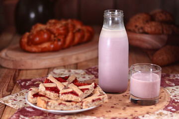 milk drink in a bottle, glass, cake