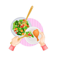 Hands Serving Vegetable Salad on Plate with Chicken Leg Above View Vector Illustration