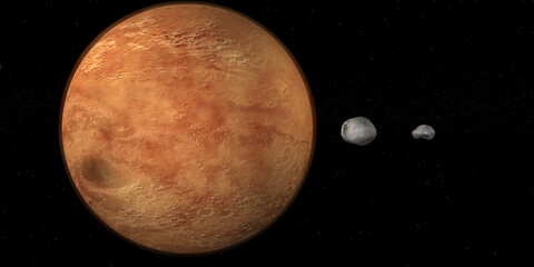 3d render of the mars with his moons