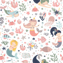 Seamless childish pattern with cute mermaids. Creative kids  for fabric, wrapping, textile, wallpaper, apparel. Vector illustration