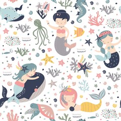 Obraz premium Seamless childish pattern with cute mermaids. Creative kids texture for fabric, wrapping, textile, wallpaper, apparel. Vector illustration