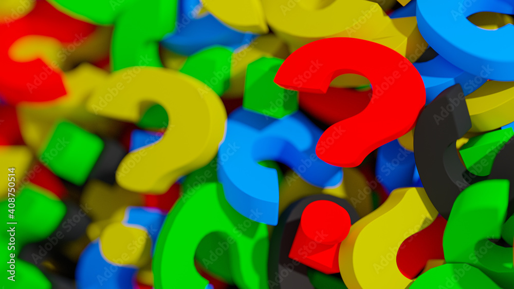 Poster business question concept. colorful question marks laying in a stack with focus on single red questi