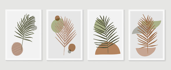 Fototapeta na wymiar Botanical wall art vector set. Golden foliage line art drawing with watercolor. Abstract Plant Art design for wall framed prints, canvas prints, poster, home decor, cover, wallpaper.