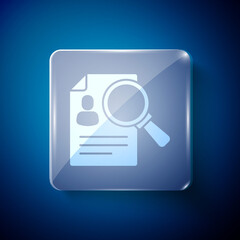 White Document, paper analysis magnifying glass icon isolated on blue background. Evidence symbol. Square glass panels. Vector.