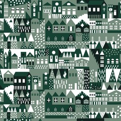 Abstract Seamless Pattern Scandinavian Style. Modern Trendy Pattern with City Landscape. Modern Urban Wallpaper, Vector Illustration