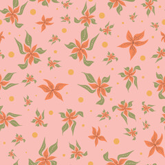 Orange tropical flowers seamless vector pattern on pink. Feminine surface print design for fabrics, stationery, scrapbook paper, gift wrap, home decor, textiles, wallpaper, backgrounds, and packaging.