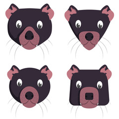 Set of cartoon tasmanian devils. Different shapes of animal heads.