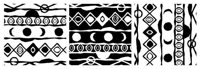 Set of three versions of the same Black white ethnic monochrome abstract rough geometric pattern. Background contains triangles, circles and moon in different directions and colors
